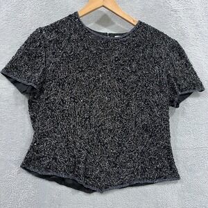 VTG Papell Boutique Evening Blouse Large Beaded Sequin Silk Top Fairy Floral